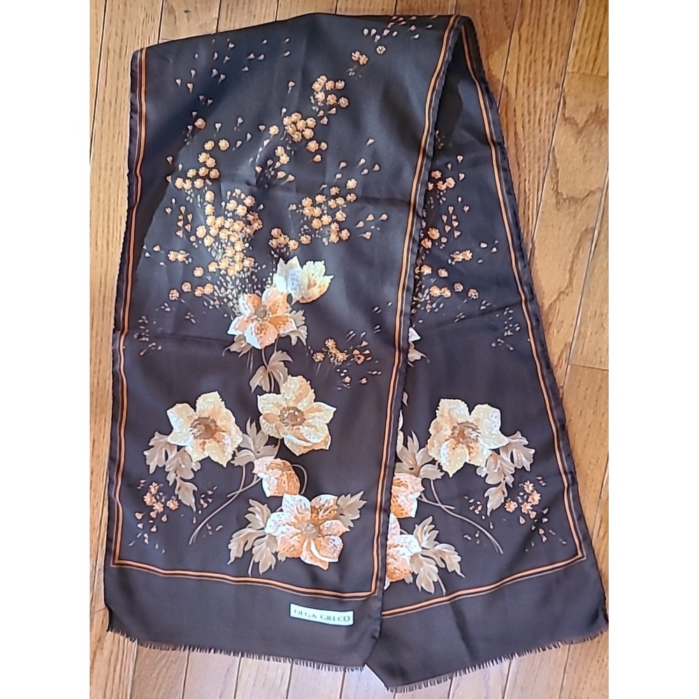 Olga Greco Scarf Tan With Brown Orange Floral Bouquet Hand Rolled 53x12 inches